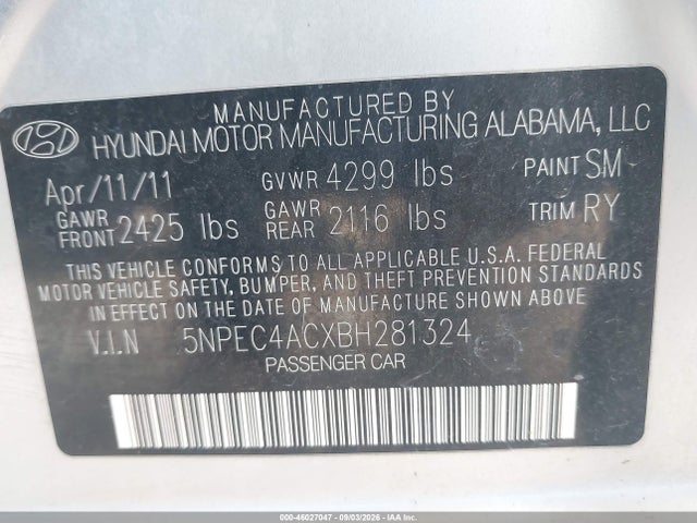 Продажа на аукционе авто 2011 Hyundai Sonata Limited, vin: 5NPEC4ACXBH281324, номер лота: 46027047