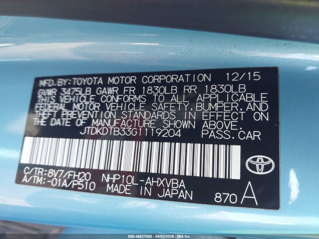 JTDKDTB33G1119204 Toyota Prius C One