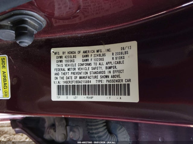 Продажа на аукционе авто 2013 Honda Accord Lx, vin: 1HGCR2F39DA215894, номер лота: 46027060