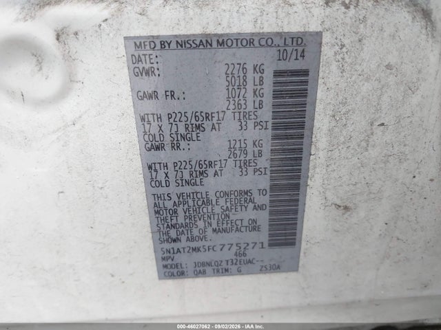 Nissan ROGUE SV 2015 5N1AT2MK5FC775271 Image 9