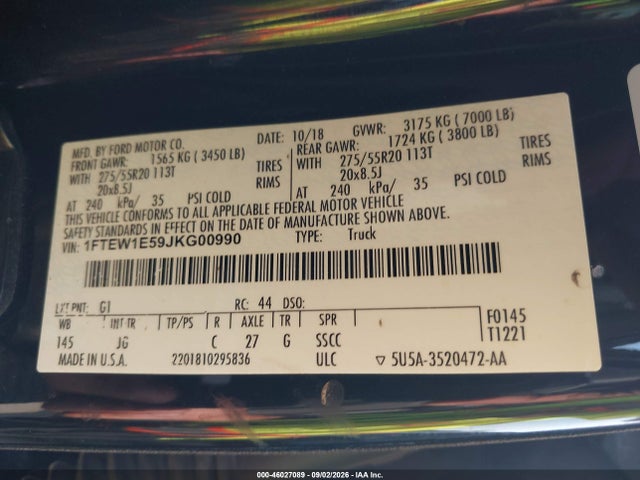46027089 :رقم المزاد ، 1FTEW1E59JKG00990 vin ، 2018 Ford F-150 Xl مزاد بيع