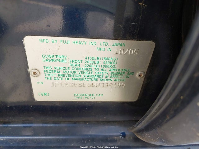 46027093 :رقم المزاد ، JF1SG65666H739149 vin ، 2006 Subaru Forester 2.5x مزاد بيع