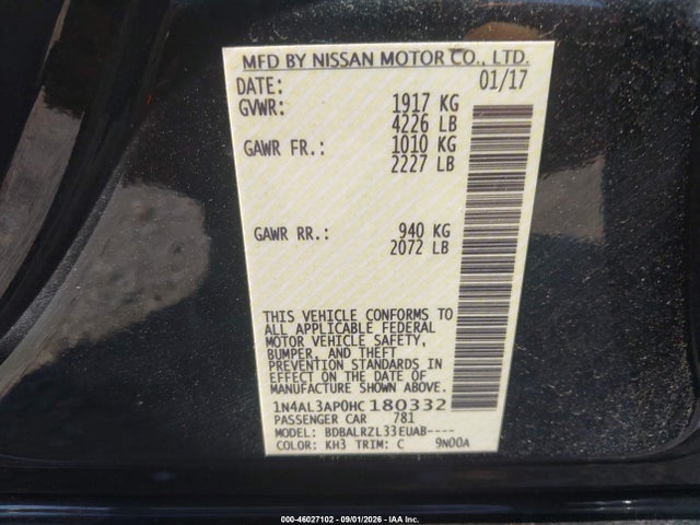 Aukcja sprzedaży 2017 Nissan Altima 2.5 Sl, vin: 1N4AL3AP0HC180332, numer aukcji: 46027102