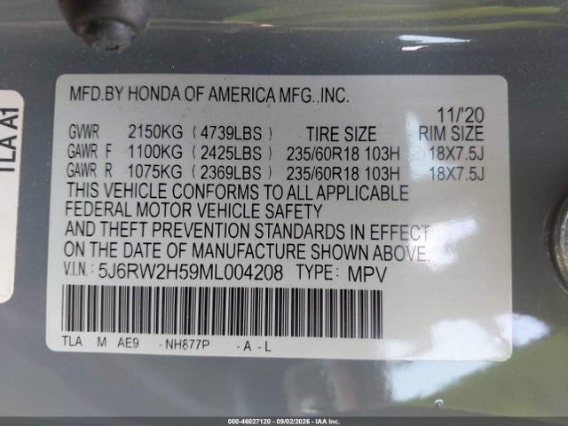 Aukcja sprzedaży 2021 Honda Cr-v Awd Ex, vin: 5J6RW2H59ML004208, numer aukcji: 46027120