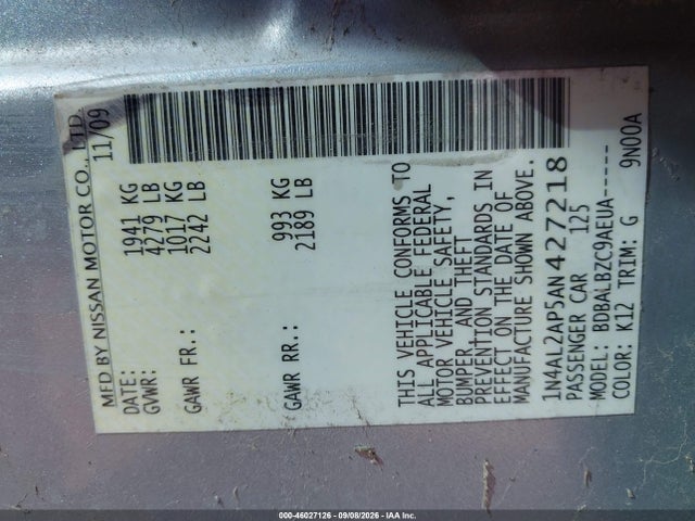 Aukcja sprzedaży 2010 Nissan Altima 2.5 S, vin: 1N4AL2AP5AN427218, numer aukcji: 46027126