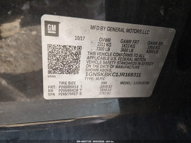 46027129 :رقم المزاد ، 1GNSKBKC1JR169311 vin ، 2018 Chevrolet Tahoe Lt مزاد بيع