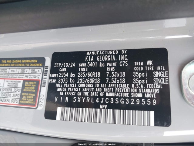 Продажа на аукционе авто 2025 Kia Sorento S, vin: 5XYRL4JC3SG329559, номер лота: 46027133