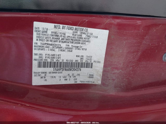 46027137 :رقم المزاد ، 1FAHP3FN6BW204276 vin ، 2011 Ford Focus Se مزاد بيع
