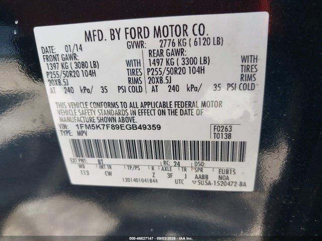 Aukcja sprzedaży 2014 Ford Explorer Limited, vin: 1FM5K7F89EGB49359, numer aukcji: 46027147