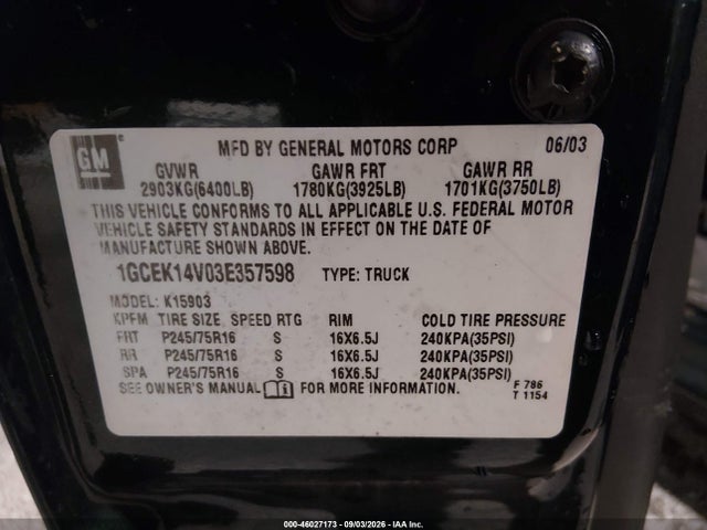 46027173 :رقم المزاد ، 1GCEK14V03E357598 vin ، 2003 Chevrolet Silverado 1500 مزاد بيع