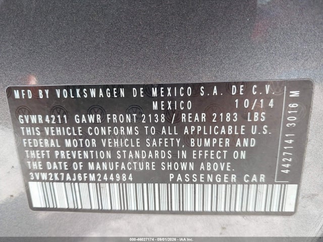 Aukcja sprzedaży 2015 Volkswagen Jetta 2.0l S, vin: 3VW2K7AJ6FM244984, numer aukcji: 46027174