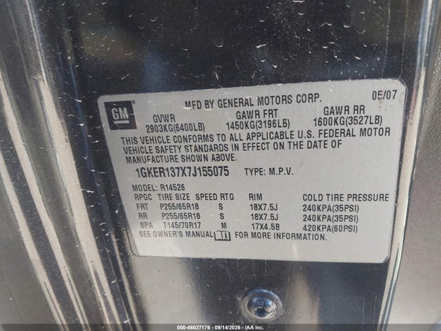 46027176 :رقم المزاد ، 1GKER137X7J155075 vin ، 2007 Gmc Acadia Sle-1 مزاد بيع