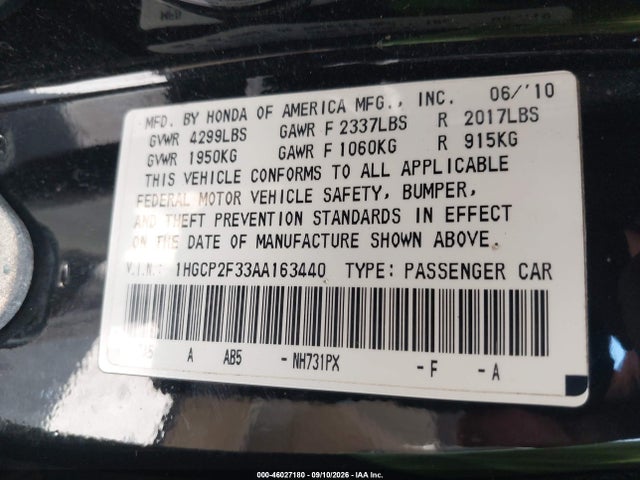 Aukcja sprzedaży 2010 Honda Accord 2.4 Lx, vin: 1HGCP2F33AA163440, numer aukcji: 46027180