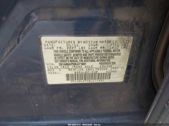 Продажа на аукционе авто 2011 Nissan Sentra 2.0, vin: 3N1AB6AP5BL671881, номер лота: 46027212