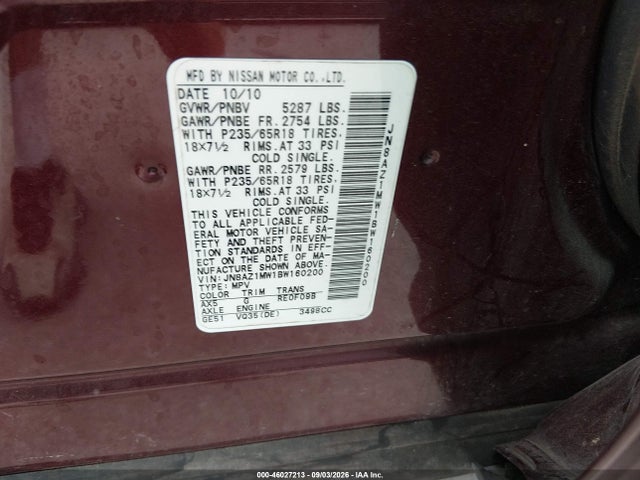 Продаж на аукціоні авто 2011 Nissan Murano Sl, vin: JN8AZ1MW1BW160200, номер лоту: 46027213