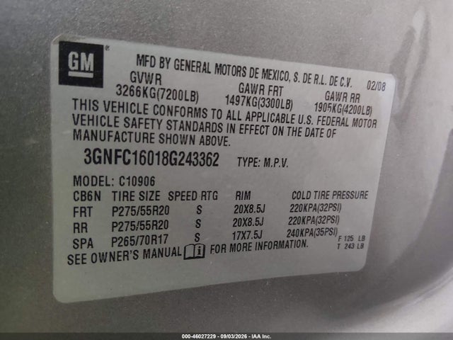 Aukcja sprzedaży 2008 Chevrolet Suburban 1500 Ltz, vin: 3GNFC16018G243362, numer aukcji: 46027229