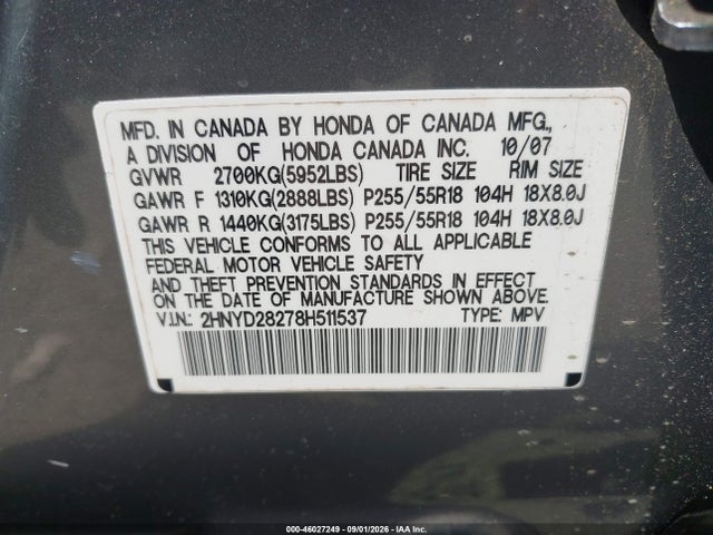 46027249 :رقم المزاد ، 2HNYD28278H511537 vin ، 2008 Acura Mdx مزاد بيع