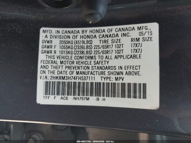 46027263 :رقم المزاد ، 2HKRM3H74FH537111 vin ، 2015 Honda Cr-v Ex-l مزاد بيع
