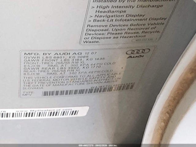 Продаж на аукціоні авто 2008 Audi Q7 3.6 Premium, vin: WA1BY74L48D043480, номер лоту: 46027270