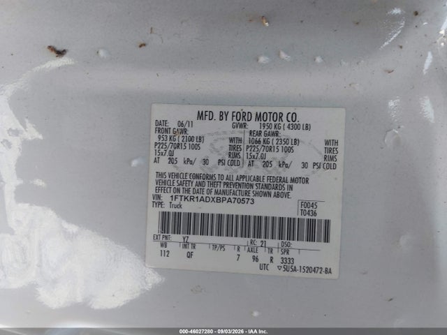46027280 :رقم المزاد ، 1FTKR1ADXBPA70573 vin ، 2011 Ford Ranger Xl مزاد بيع
