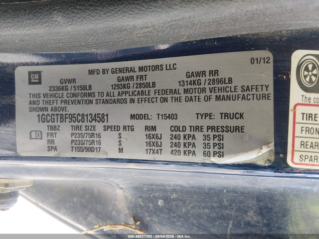Aukcja sprzedaży 2012 Chevrolet Colorado Work Truck, vin: 1GCGTBF95C8134581, numer aukcji: 46027292