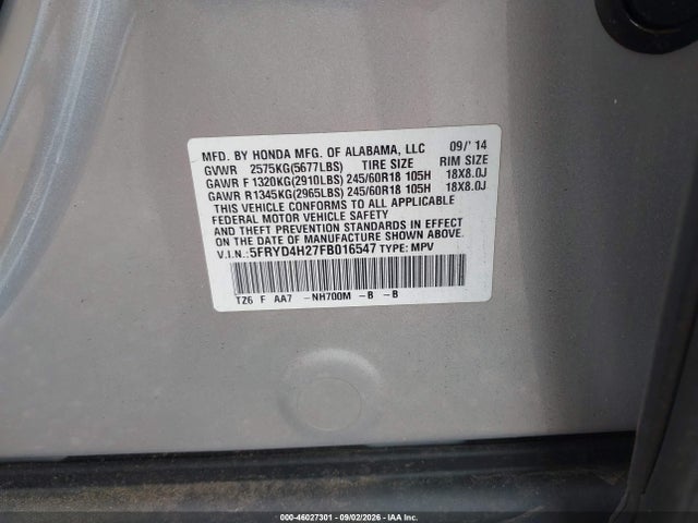Aukcja sprzedaży 2015 Acura Mdx, vin: 5FRYD4H27FB016547, numer aukcji: 46027301
