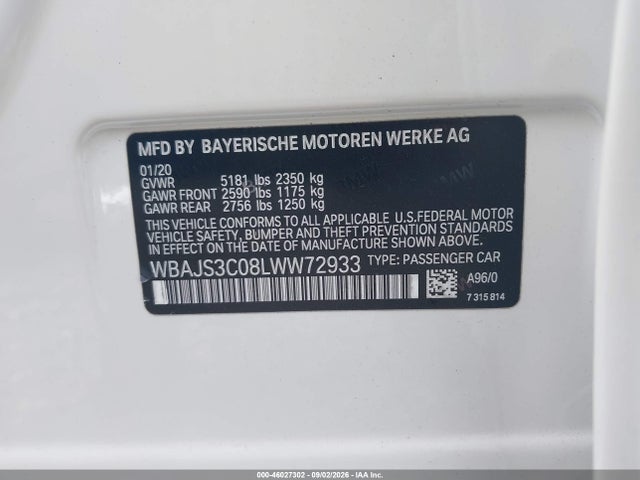 46027302 :رقم المزاد ، WBAJS3C08LWW72933 vin ، 2020 Bmw 540i Xdrive مزاد بيع