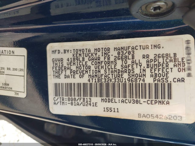 Продажа на аукционе авто 2003 Toyota Camry Le, vin: 4T1BE32K33U196874, номер лота: 46027310