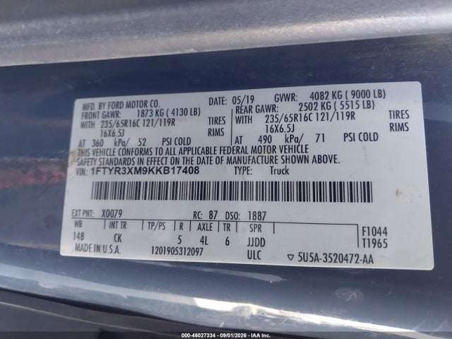 Продаж на аукціоні авто 2019 Ford Transit-250, vin: 1FTYR3XM9KKB17408, номер лоту: 46027334