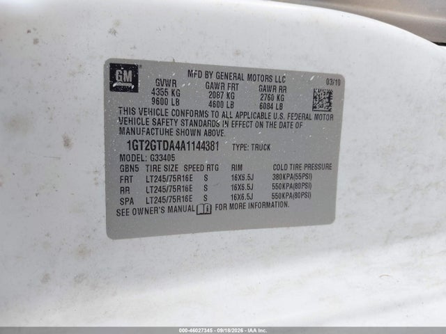2010 Gmc Savana 3500 Work Van მანქანა იყიდება აუქციონზე, vin: 1GT2GTDA4A1144381, აუქციონის ნომერი: 46027345