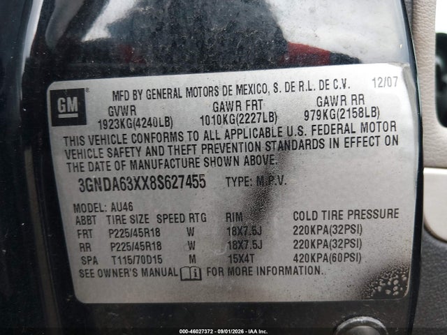 2008 Chevrolet Hhr Ss მანქანა იყიდება აუქციონზე, vin: 3GNDA63XX8S627455, აუქციონის ნომერი: 46027372