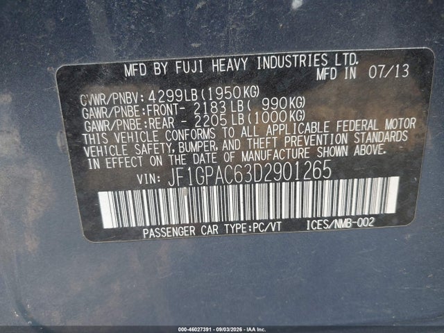 Aukcja sprzedaży 2013 Subaru Impreza 2.0i Premium, vin: JF1GPAC63D2901265, numer aukcji: 46027391
