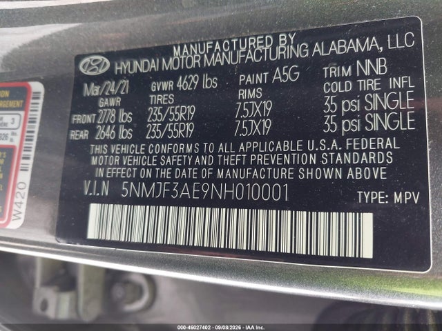 46027402 :رقم المزاد ، 5NMJF3AE9NH010001 vin ، 2022 Hyundai Tucson Sel مزاد بيع