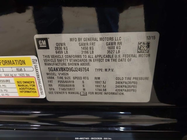 Продажа на аукционе авто 2016 Buick Enclave Leather, vin: 5GAKVBKD9GJ249764, номер лота: 46027403