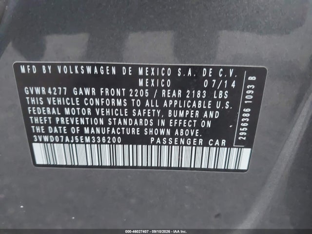 2014 Volkswagen Jetta 1.8t Se მანქანა იყიდება აუქციონზე, vin: 3VWD07AJ5EM336200, აუქციონის ნომერი: 46027407