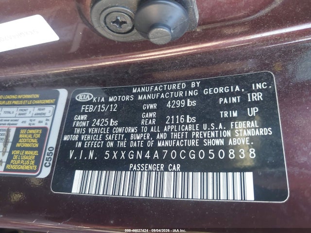 46027424 :رقم المزاد ، 5XXGN4A70CG050838 vin ، 2012 Kia Optima Ex مزاد بيع