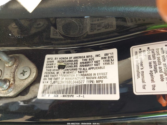 Продаж на аукціоні авто 2011 Honda Cr-v Ex-l, vin: 5J6RE3H76BL044527, номер лоту: 46027430