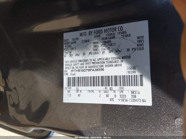 46027438 :رقم المزاد ، 1FTYR10D79PA38556 vin ، 2009 Ford Ranger مزاد بيع
