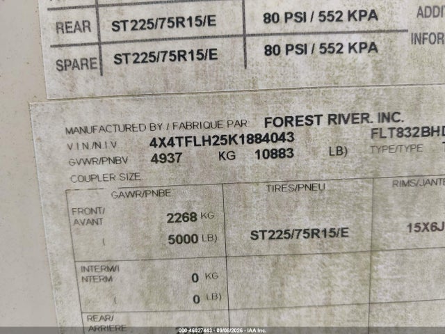 2019 Forest River Flagstaff მანქანა იყიდება აუქციონზე, vin: 4X4TFLH25K1884043, აუქციონის ნომერი: 46027443