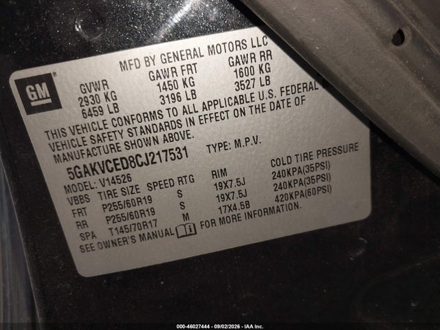Aukcja sprzedaży 2012 Buick Enclave Leather, vin: 5GAKVCED8CJ217531, numer aukcji: 46027444