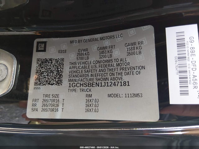 46027460 :رقم المزاد ، 1GCHSBEN1J1247181 vin ، 2018 Chevrolet Colorado Wt مزاد بيع