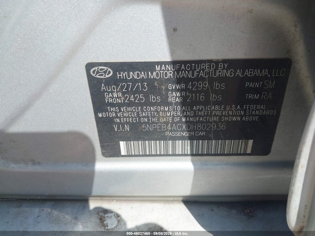 46027465 :رقم المزاد ، 5NPEB4ACXDH802936 vin ، 2013 Hyundai Sonata Gls مزاد بيع