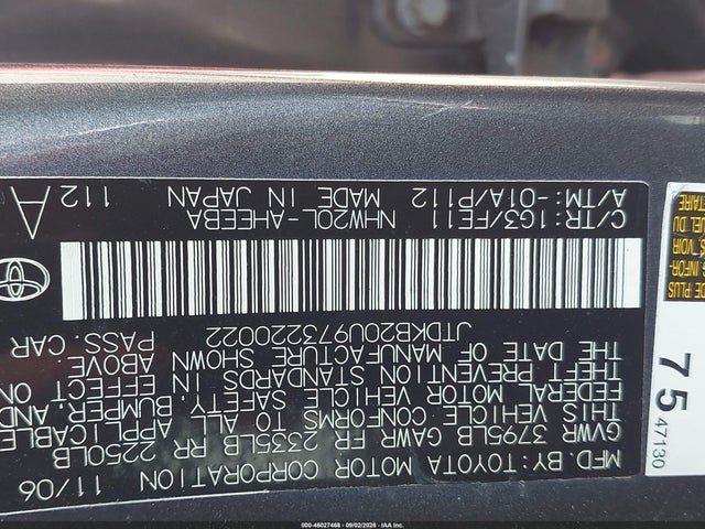 2007 Toyota Prius მანქანა იყიდება აუქციონზე, vin: JTDKB20U973220022, აუქციონის ნომერი: 46027468