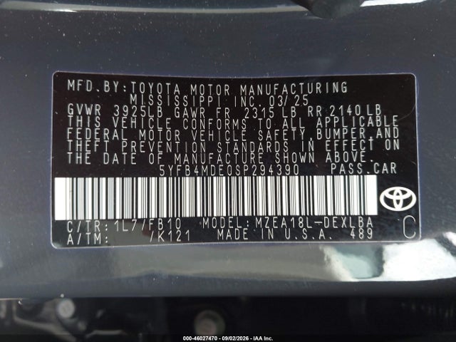 46027470 :رقم المزاد ، 5YFB4MDE0SP294390 vin ، 2025 Toyota Corolla Le مزاد بيع