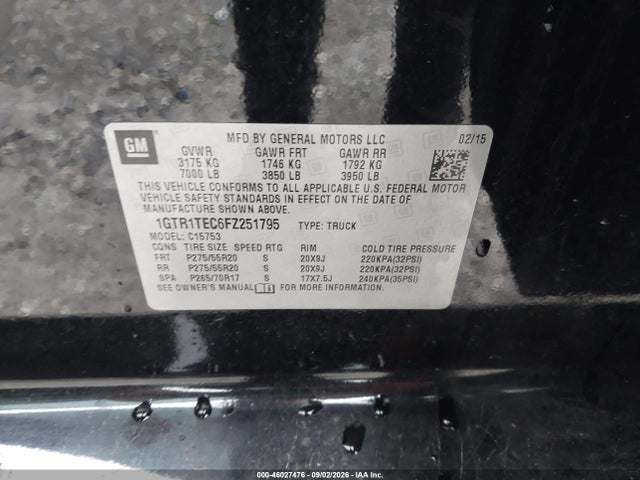 Aukcja sprzedaży 2015 Gmc Sierra 1500, vin: 1GTR1TEC6FZ251795, numer aukcji: 46027476