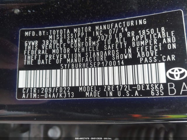 Aukcja sprzedaży 2014 Toyota Corolla S Plus, vin: 5YFBURHE5EP170014, numer aukcji: 46027479