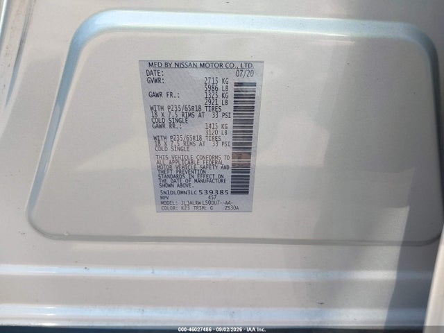 46027486 :رقم المزاد ، 5N1DL0MN3LC539385 vin ، 2020 Infiniti Qx60 Luxe مزاد بيع