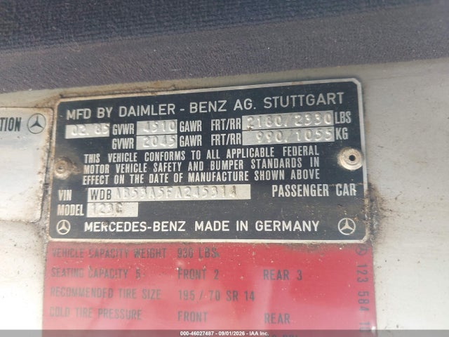 1985 Mercedes-benz 300 Cdt მანქანა იყიდება აუქციონზე, vin: WDBAB53A5FA245314, აუქციონის ნომერი: 46027487