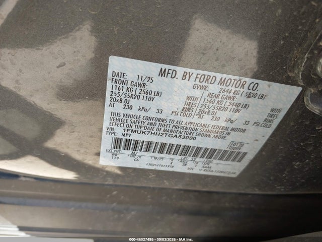Aukcja sprzedaży 2026 Ford Explorer Platinum, vin: 1FMUK7HH2TGA53000, numer aukcji: 46027495