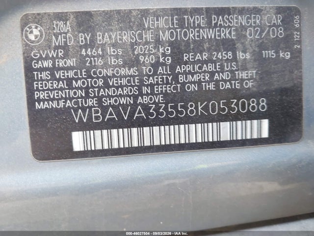 Aukcja sprzedaży 2008 Bmw 328i, vin: WBAVA33558K053088, numer aukcji: 46027504